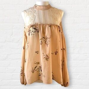 JOLT cold shoulder blouse hi neck with lace trim pink sheer fabric Size small